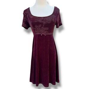 90s stretchy burgundy party dress with short sleeves and bow detail